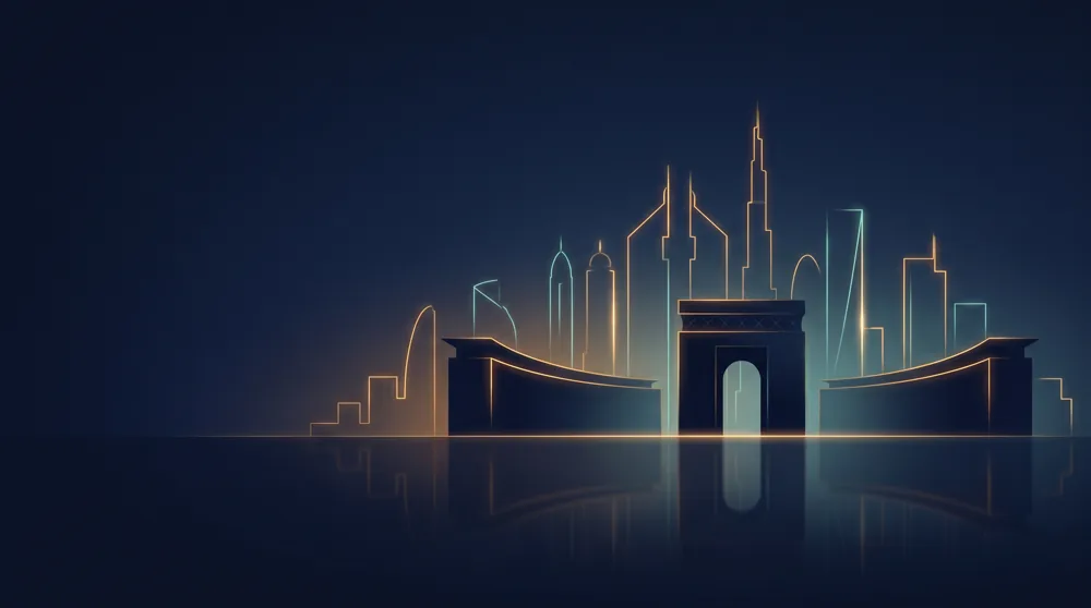 The Dubai skyline at dusk drawn in thin lines of light, with the DIFC gate building in front