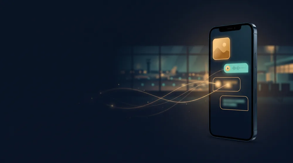 A phone showing a WhatsApp conversation: a photo, a voice note and the agent's replies, with an airport terminal at night behind it